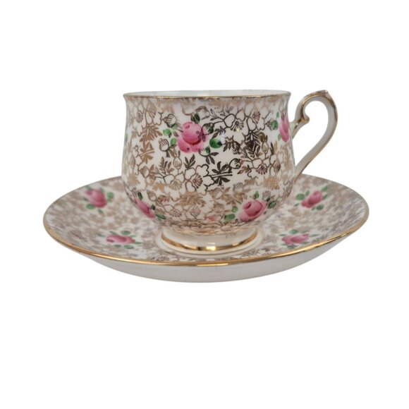 Thomas Forester & Sons Teacup Saucer Set Gold Floral Pink Rose Pattern England - Picture 6 of 10
